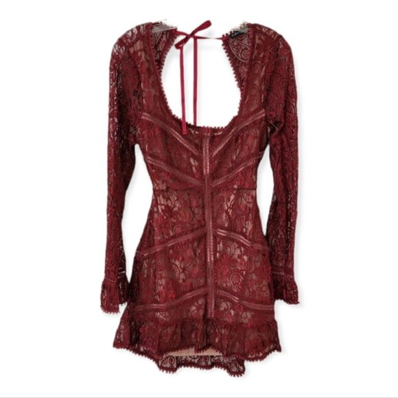 For Love & Lemons Emerie Maroon Lace Open Back Mini Dress - Picture 3 of 8